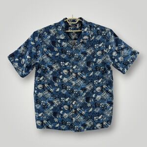 Brandini Pure Silk Shirt Mens Large Blue Floral Geometric Short Sleeve Camp